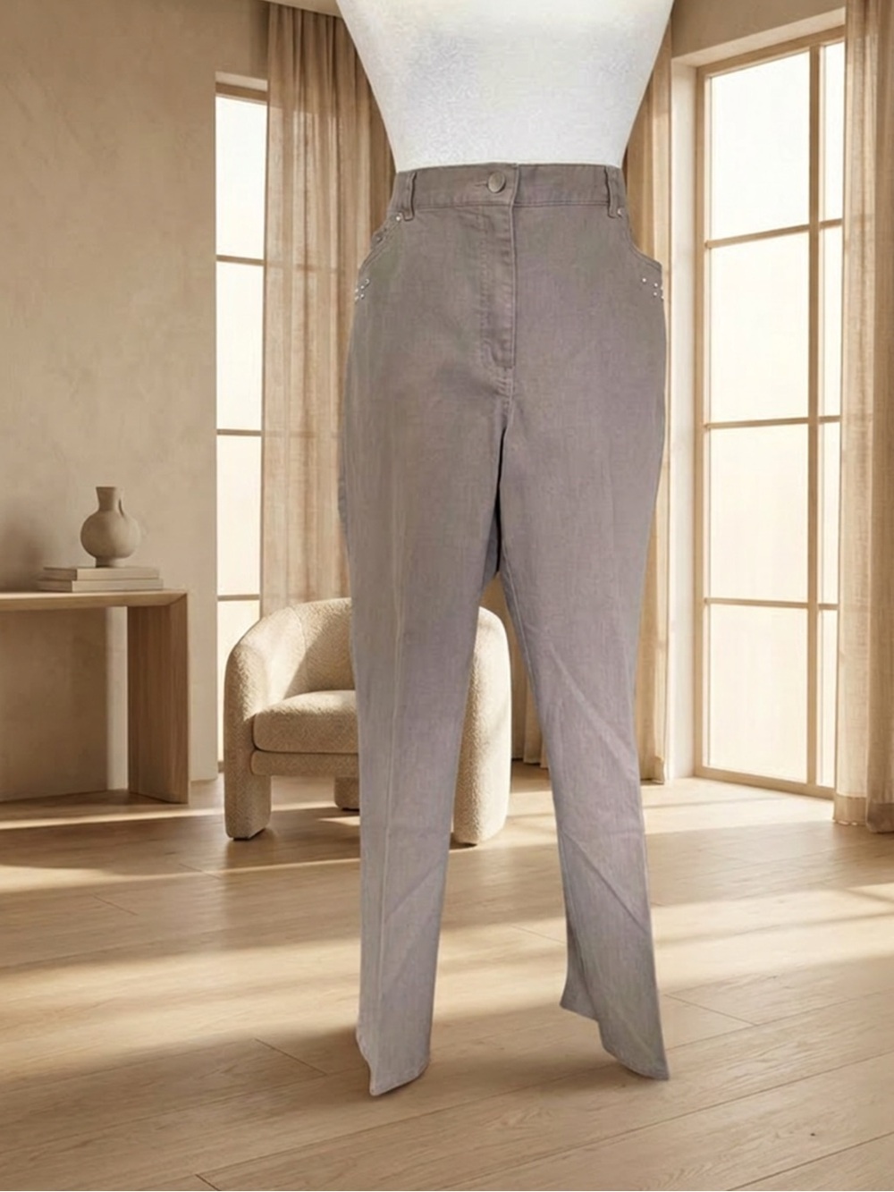 Ruby Rd. Taupe High-Waisted Straight Leg Trousers - Size 12